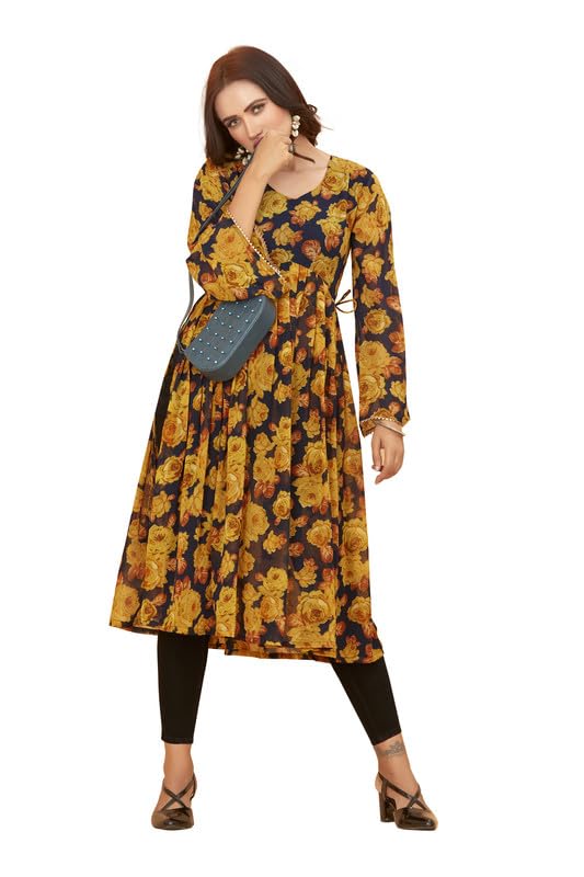 Image of ODD BY chansi TRENDZ Women's Poly Georgette Long Sleeves V-Neck Flared Kurti