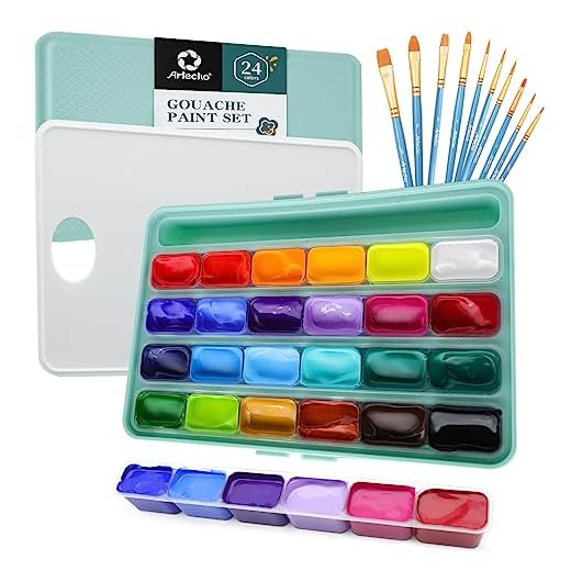 Artecho Pintura Gouache 24 x 30 ml con 10 Pinceles y Paleta Pintura, Adecuado para Papel Acuarela y Lienzos para Pintar