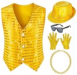 Kids Dance Hip Hop Jazz Costume Boys Sequin Vest Hat Sunglasses Set for Dance Party 3-4T Gold