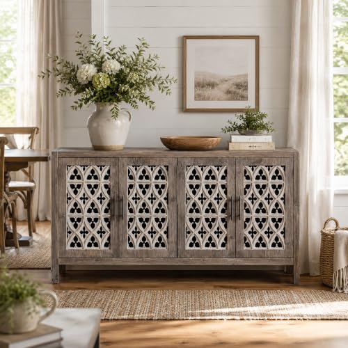 Image of Farmhouse Buffet Sideboard Cabinet, Vintage Carved Wood Storage Cabinet with Doors for Dining Room, Living Room & Entryway, Antique Brown