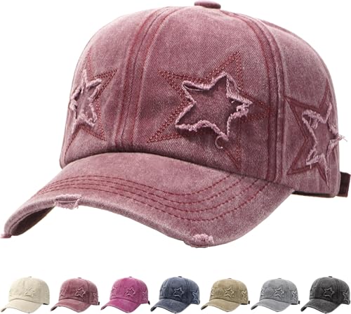 LXOrdora Retro Baseball Cap Star Embroidery Washed Cotton Hats Wine Red