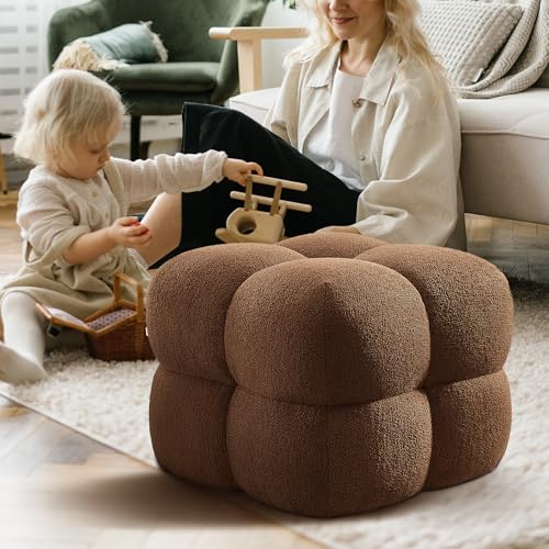 Image of Zesthouse Square Pouf Ottoman Footstool, Modern Backless Vanity Chair for Bedroom, Boucle Poofy Footrest for Couch, Upholstered Tufted Footstool, Fabric Ottoman Coffee Table for Living Room Rust Brown