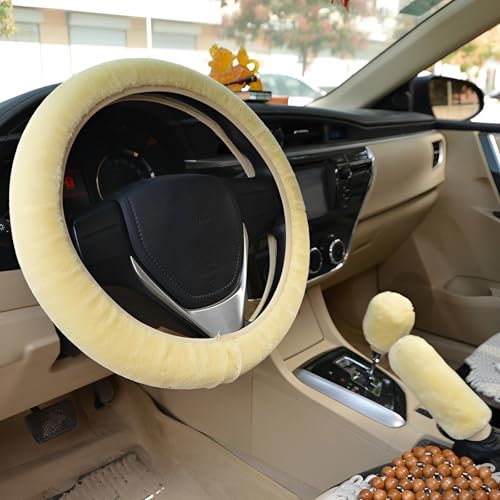 ZEPIQOR 3 Pcs Couvre Volant de Voiture en Peluche, Jaune, 38 cm