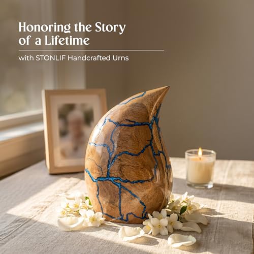 Image of Wooden Teardrop Cremation Urns for Human Ashes - 80 Cubic Inches Funeral Memorial Urn for Adult Women & Men - Blue Decorative, Burial Urn for Male or Female Memorial Display