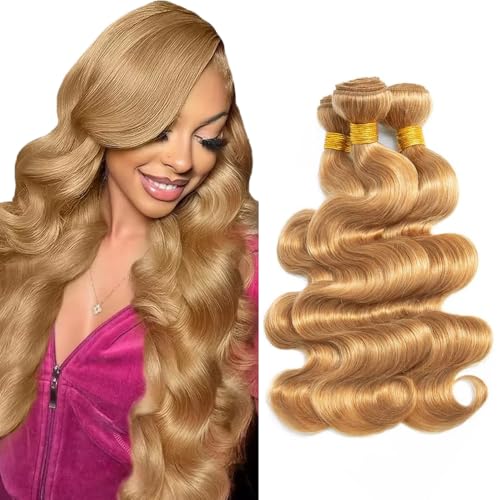 #27 Blonde Bundles Body Wave Human Hair Bundles 28 30 32 Inch Unprocessed Brazilian Virgin Hair Weave 3 Bundles Honey Blonde Human Hair Extensions For Woman 50 Grams Per Bundle