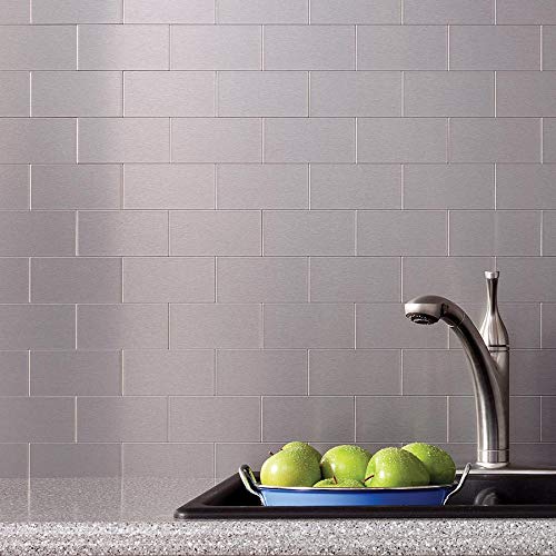 Art3d 32-Piece Peel and Stick Backsplash Tiles, Brushed Metal Subway Backsplash Tile