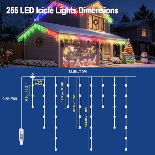 AHAWILL Icicle Lights for Outside,33ft Christmas Lights Outdoor with Dimmable 255LED,IP65 Waterproof,USB Plug in Curtain String Lights with DIY Scene Modes for Party,Roof,Halloween Decor(Multicolor) - image 6
