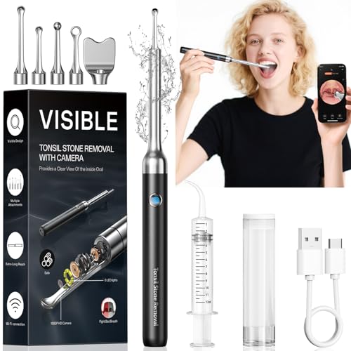Tonsil Stone Remover with Camera with 1080P Camera 5 Stainless Steel Heads Irrigator for iOS & Android (Black)