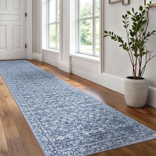 2.6x12 Blue Washable Runner Rug for Kitchen, Soft Classic Runner with Non-Slip, Non-Shedding Distressed Floral Rug for Hallways Entryway Bedroom Bathroom Laundry Indoor