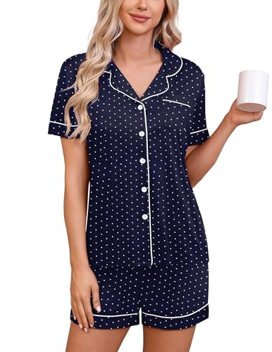 Image of HNG Womens Pajama Sets Labor And Delivery Pajamas Comfy Pajamas For Women Set Womens 2 Piece Cotton Sets Navy Dot,M