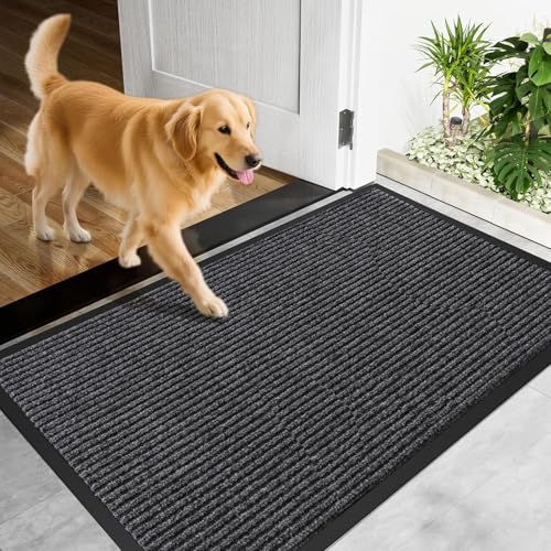 Image of Front Door Mat Indoor Outdoor Entrance, 2 x 3 Feet All-Season Waterproof Doormat for Entryway, Heavy Duty Commercial Floor Mat, Fade Resistant, Rubber Back, Low Profile, Easy Clean, Grey