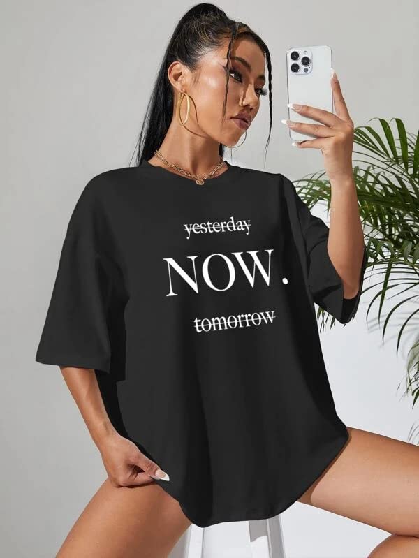 Image of MyTees Pure Cotton Oversized T Shirts for Women Casual Printed Baggy Oversized Round Neck Drop Shoulder Tshirt Black T-Shirt Size S to XL