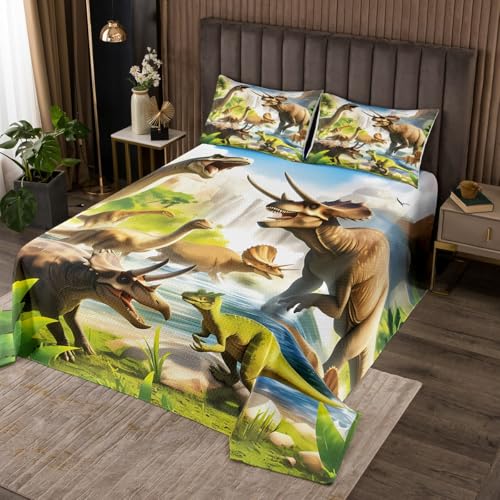 Feelyou Dinosaur Quilted Coverlet Queen Size 3D Dino Print Bedspread for Boys Girls Children Jungle Dino Coverlet Set Room Decor Wild Animal Breathable Soft Microfiber All Season 3Pcs
