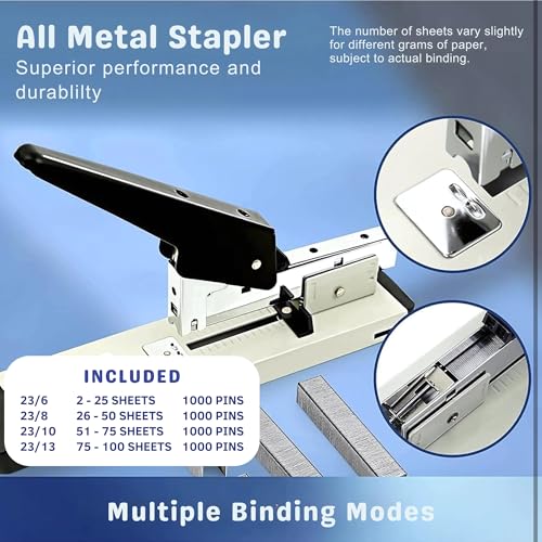 Image of Precise Alignment Big Stapler for Book Binding with 4000 6-13mm Staple Pins, 100 Pages Heavy Duty Stapler Big Size, Metal Large Stapler Book Binding Machine for Office (Stapler with Pins)