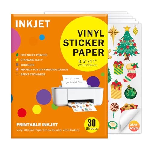 30 Sheets Premium Printable Vinyl Sticker, Vinyl Glossy White...