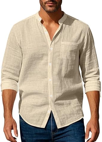 Mens Linen Blend Shirt - Long Sleeve Solid Color Button Down Henley Casual Shirt for Vacation Business