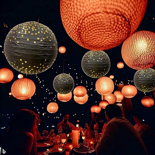 Image of Wanna Party Black Gold Party Decorations 12 inch Round Chinese Paper Lanterns,Black with golden polka dots Paper Lanterns Decorative for Wedding Graduation Anniversary Diwali Birthday Party