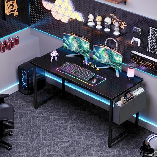 Image of OLIXIS Computer Desk, 55 Inch Gaming Desks for Home Office Small Spaces | Writing Study Craft Work Table, Computer Workstation for Bedroom with Storage Bag, Black