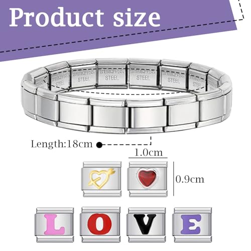 arrderly Italian Charms Bracelet, 9mm, Silber, Unisex, mit 6 zusätzlichen Italian Charms, Buchstabenmodule von LOVE und herzförmige Muster, Edelstahl, Abnehmbar, Flexibel und frei einstellbar