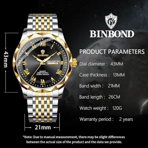 Image of BINBOND Men's Watch Luxury Business Dress Analog Quartz Stainless Steel Casual Date Wrist Watches for Men Easy Read Roman Numeral Large Dial Waterproof Luminous