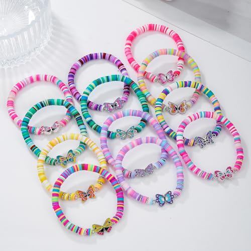 Friendship Bracelets for Women - Heishi Surfer Colorful Smile Butterfly Clay Beaded Stretch Bracelets Elastic Layering - Stackable Boho Disc Y2K Aesthetic Summer Jewelry Set.4