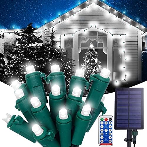 BSGlobal Mini Christmas Lights Solar Powered, 300 LED Wide Angle String Lights 100Ft Green Wire with Remote Timer, Commercial Grade 5MM String Lights for Garden Garland Patio Porch (Cool White)