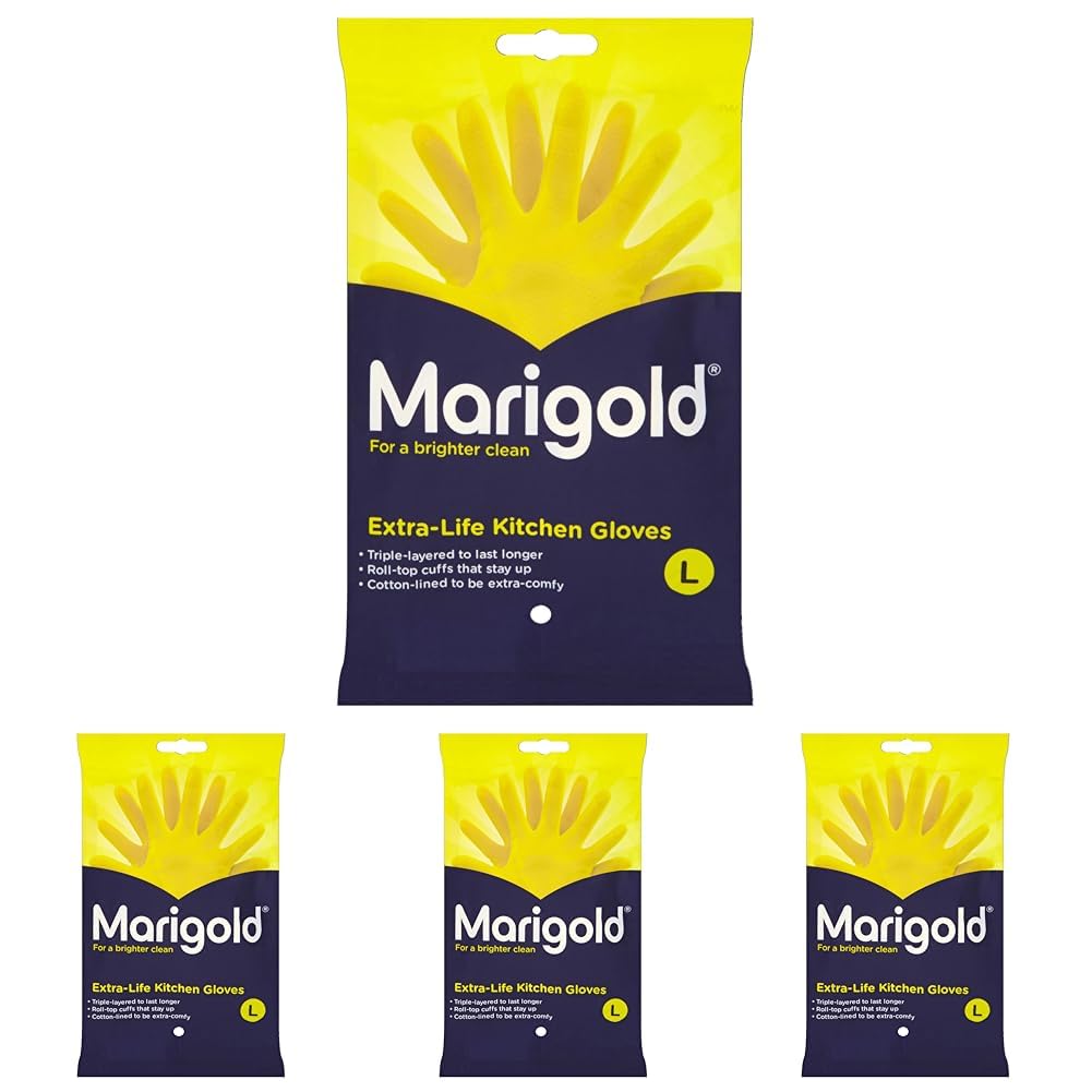 Marigold Unisex El Gloves-large-1 Pair Extra Life Kitchen Gloves Large, Yellow, L (Pack of 4) (Packaging may vary)