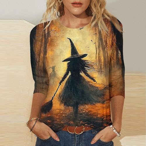 2025 Halloween Shirts for Women 3/4 Sleeve Witch Graphic Tees Vintage Festival Tops Crew Neck Sweatshirts Funny Gifts2