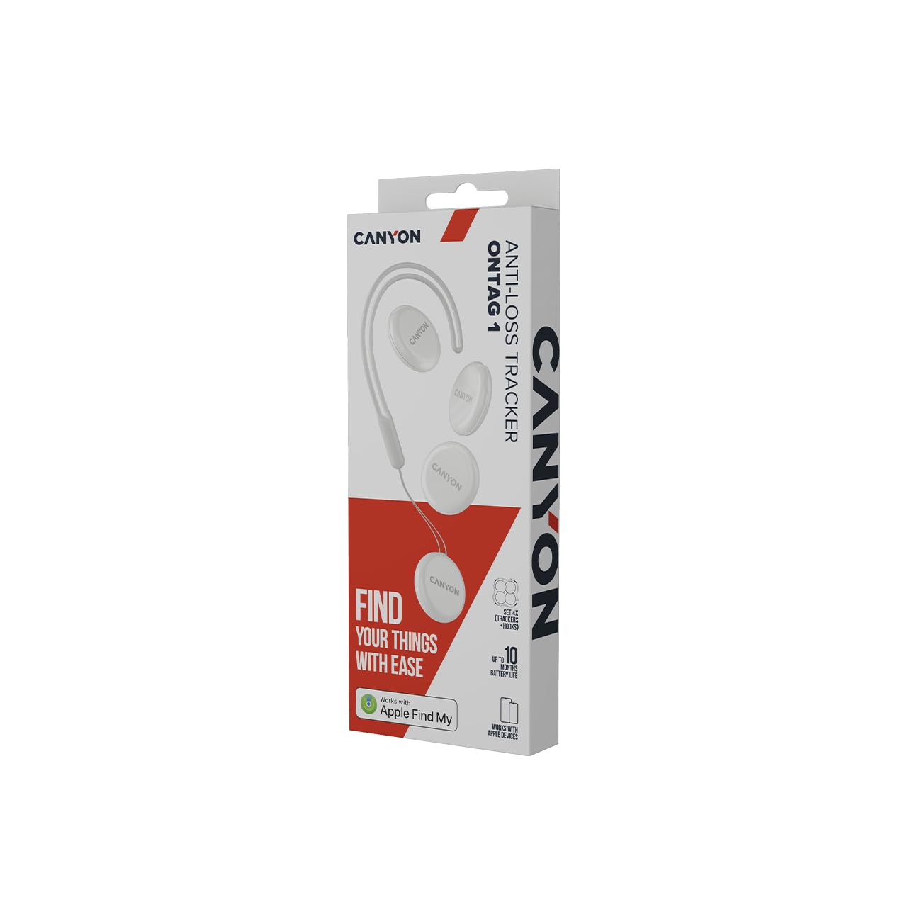 CANYON Smart Tag OnTag 1 Lot de 4 trackeurs d'articles Bluetooth, certifié Apple Find My, compatible iOS 14.5+, étanche IP66, blanc