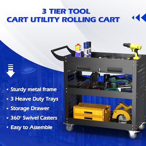 SUPEER Werkstattwagen Werkstatt-Rollwagen Montagewagen 78x35x70 cm,mit Abschließbare Schublade und Pegboard,4-Haken,Werkstätten,Lager Tragkraft 150 kg
