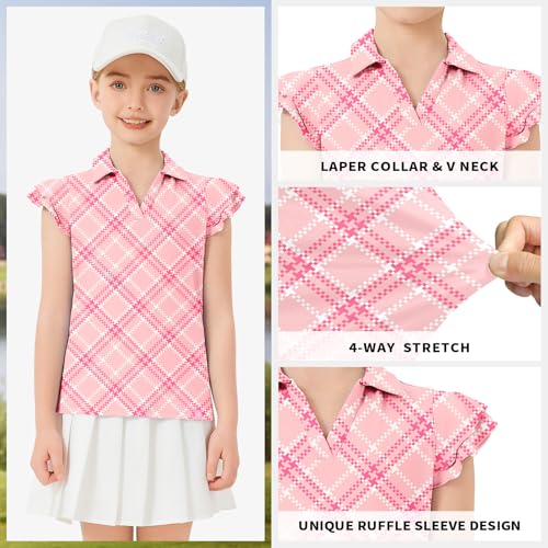 Image of Soneven Girls Ruffle Sleeve Polo Shirts V-Neck Golf Tennis T-Shirts Uniform Shirts Quick Dry for 4-14 Years