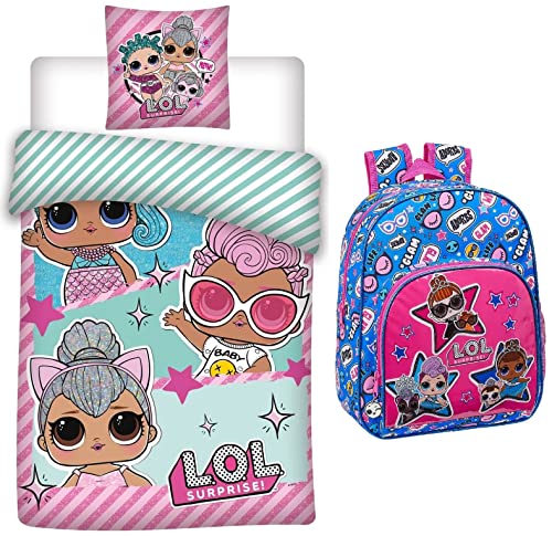 rainbowFUN.de LOL Surprise Bettwäsche-Set 135x200 Kinder-Rucksack Bettzeug Schultertasche Mädchen Puppen Cover