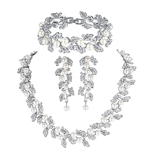 mecresh Simulated Pearl Leave Floral Bridal Jewelry Sets Crystal Wedding Necklace Earrings Bracelet Sets Jewelry Engagement Silver