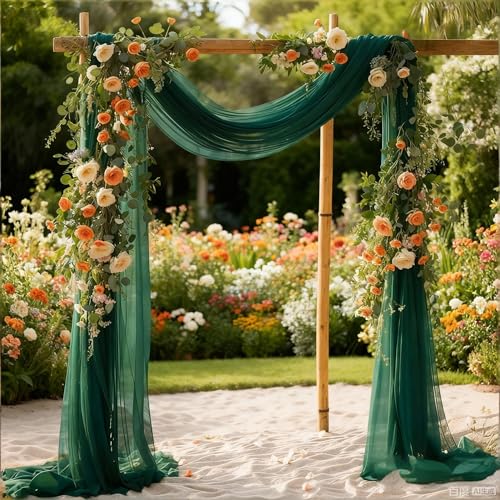 Image of Emerald Green Wedding Glitter Arch Draping Fabric 29 inch x 6.5 Yards 2 Panels Sheer Backdrop Curtains Drapery for Summer Wedding Ceremony Birthday Party Indoor Ceiling Decor