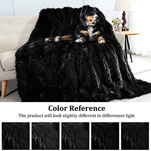 Joniyear Extra Large Decorative Fluffy Faux Fur Blanket Queen Size 80" X 90", Soft Luxury Lightweight Furry Blanket,Solid Cozy Shaggy Plush Fuzzy Blankets For Bed Couch,Thick Warm Winter Blanket,Black #TOP1