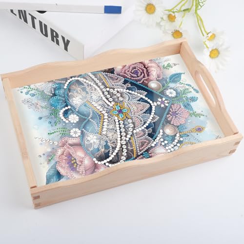Image of AiYuanzsh DIY Diamond Art Wooden Tray with Handle, Blue Jewel Heart with Flowers Design, Diamond Painting Mosaic Kit, Creative Craft Diamond Art Tray for Coffee Table and Home Organizer
