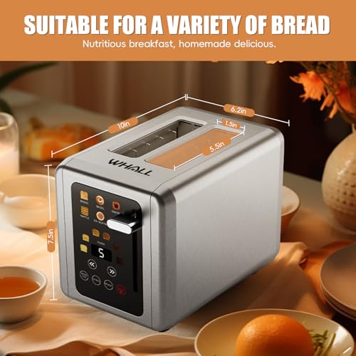 WHALL Touch Screen Toaster 2 Slice, Smart Digital Toaster with 1.5" Wide Slots, 6 Shade Settings & 6 Bread Types, Memory Function, Countdown Timer, Brushed Stainless, Ideal Kitchen Gift & Essential by Nicebay - Image 6