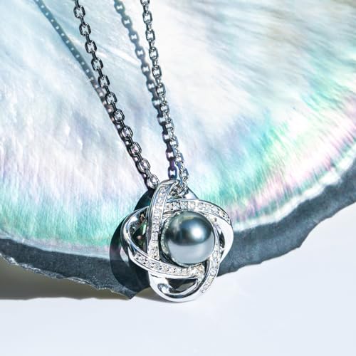 Genuine Tahitian Black Pearl with Moissanite Love Knot Pendant Necklace, AAAA Handselected Black Pearls, D Color Moissanite, 18K White Gold Plated Sterling Silver, 45+2+3mm Adjustable Chain2