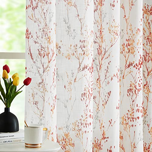 Image of Treatmentex White Semi Sheers Curtains with Red Orange Tree Branch Print Pattern Window Curtains for Living-Room 84 inch Grommet Top Privacy Curtain Drapes Watercolor Design Curtain Panels 2 pcs