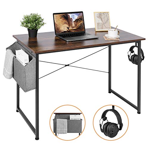 AuAg 39\'\' Small Computer Desk Home Office Desk, Simple Writing Desk with Storage, Vintage Desk Modern Laptop Desk Sturdy Work Table PC Computer Table, Small Home Desk Workstation- Rustic Brown