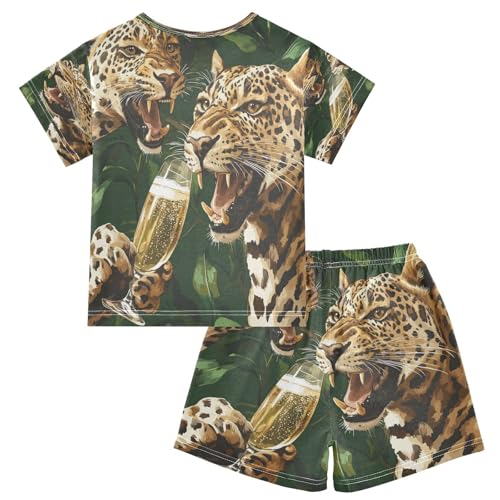 Pajama Sets Short Sleeve Leopard Drinking Champagne Artwork Soft Cotton Summer Sleepwear 2 Piece PJS Size 5-14T2