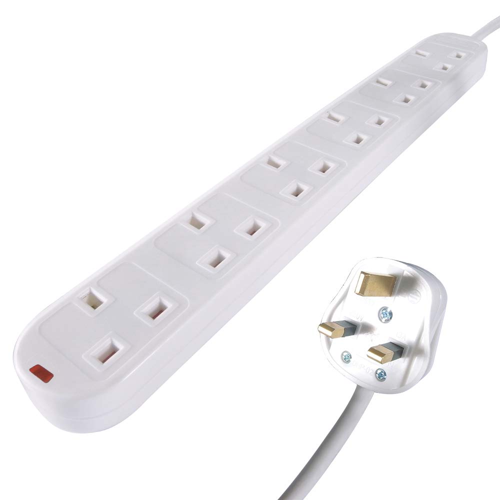 White Connektgear 2M 6 Way Surge Protected Power Extension Block - Uk Plug To 6 X Uk Sockets