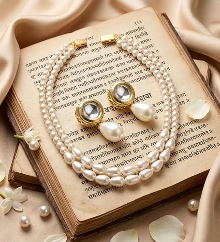 Image of Mansiyaorange Double Layered Glass Pearl Mala Neckalce with Kundan Earrings Jewelry Set