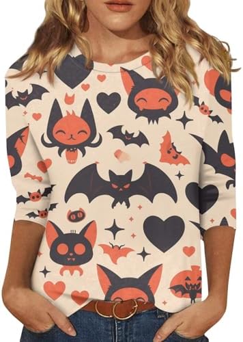 Plus Size Halloween Shirts Womens Spring Tops 2024 3/4 Sleeve O-Neck Halloween Print Womens Blouses Dressy Casual