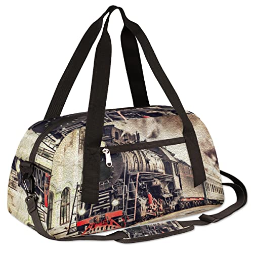 Retro Steam Train Kids Duffel Bag for Girls Boys Teens, Steam Train Oil Painting Dance Bag Overnight Small Duffel Bag Carry On Weekend Sports Gym Travel Bag for School Practice Gymnastics Ballet3