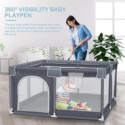 Image of Baby Playpen with Balls - Portable Play Yard with Mesh Panels for Safety & Visibility, Indoor /Outdoor Toddler Activity Fence for Boys & Girls (Gray)