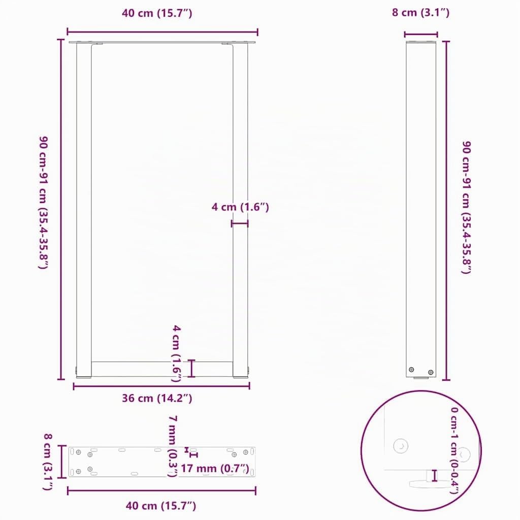 vidaXL Patas para Mesa de Bar en Forma de U (2 Unidades), Antracita, 40 x (90-91) cm, Acero
