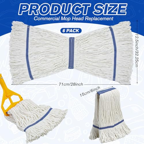 Image of Eccliy 6 Pack Commercial Mop Heads Replacement Heavy Duty 18 oz Loop End Cotton String Wet Mop Refills Washable Absorbent Reusable for Industrial Home Tile Wood Concrete Floor (White,Blue)