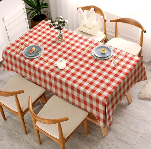 Image of Classic Dusty Red and White Checkered 4 /6 Seater Table Cloth /Cover, 52 x 72 Inch, Buffalo Plaid Pattern, Rectangle Dining Table Cover