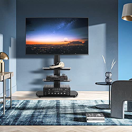 5Rcom Universal Tv Floor Stand With 2 Media Shelves For 27 32 37 42 47 50 55 65 Inch Flat Or Curved Screens Tvs Nice Tempered Glass Base With Swivel Mount For Bedroom And Office, Tv Stand, Black #TOP6